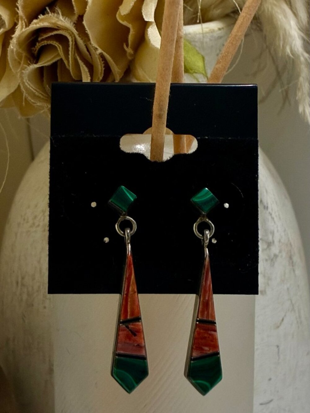 Vintage Navajo YZ Sterling Silver Malachite Spiny Oyster Inlay Dangle Earrings